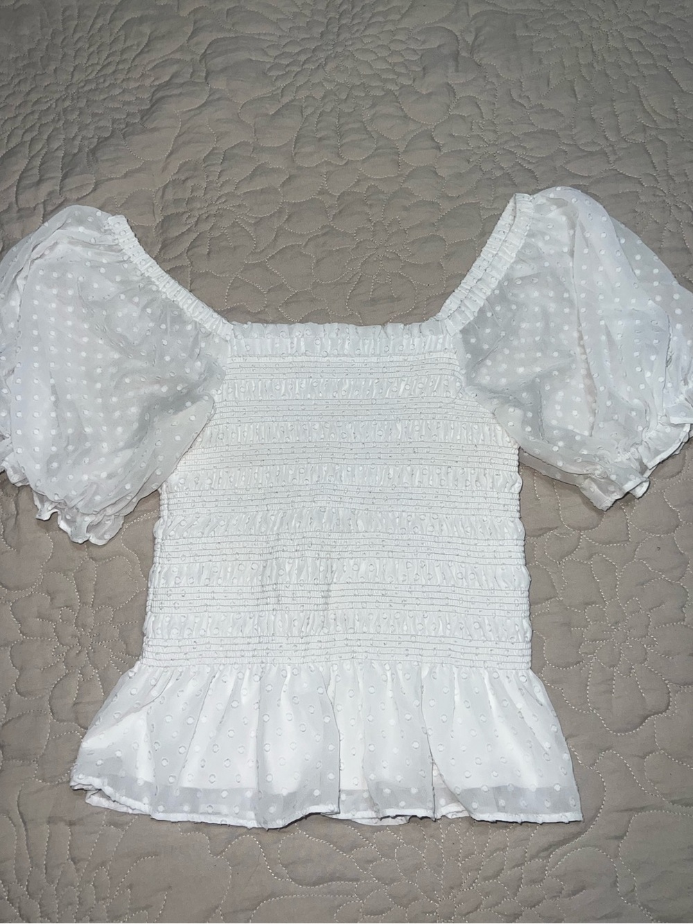 Express White Puff Sleeve Smocked Swiss Dot Top